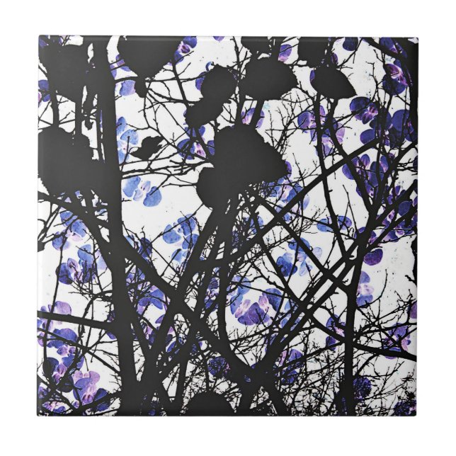 Blue flowers on winter tree concept digital art ceramic tile (Front)