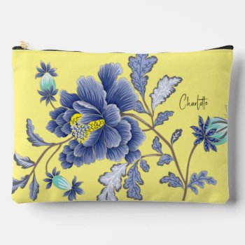 Blue Flowers On Yellow Accessory Bag by ElizaBGraphics at Zazzle