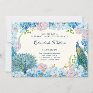 Blue flowers orchid pecock birthday invitation