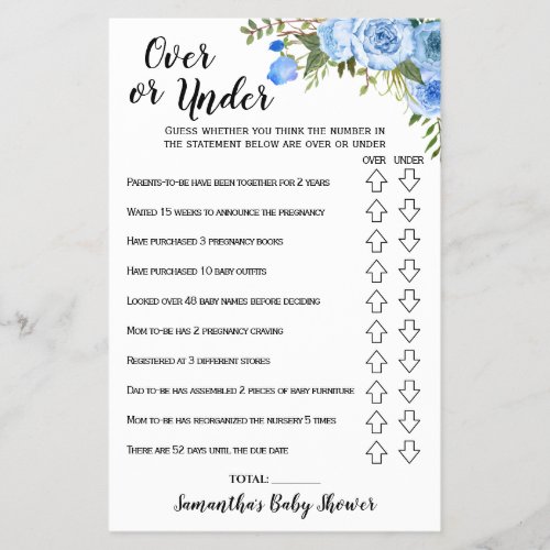 Blue Flowers Over or under Baby Shower Game card Flyer