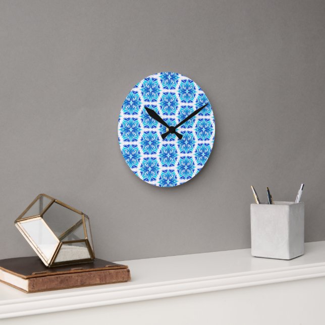 Blue Flowers, Pattern Of Flowers, Floral Pattern Round Clock (Office)