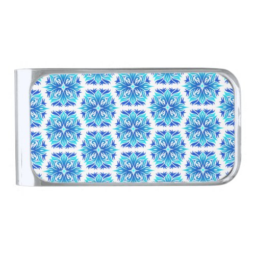 Blue Flowers Pattern Of Flowers Floral Pattern Silver Finish Money Clip