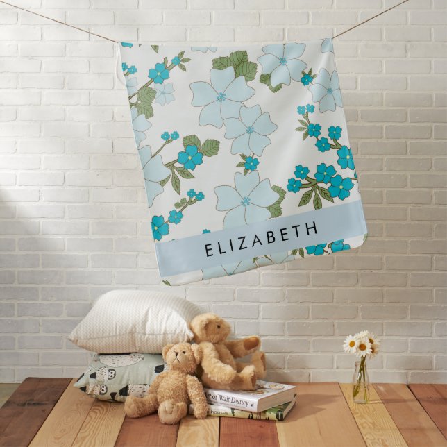 Blue Flowers, Pattern Of Flowers, Your Name Baby Blanket (In Situ)