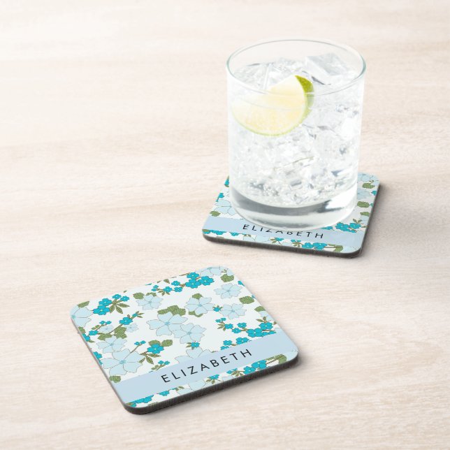 Blue Flowers, Pattern Of Flowers, Your Name Beverage Coaster (Right Side)