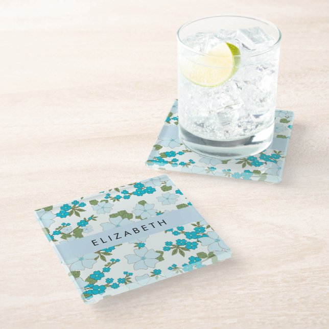 Blue Flowers, Pattern Of Flowers, Your Name Glass Coaster (Angled)