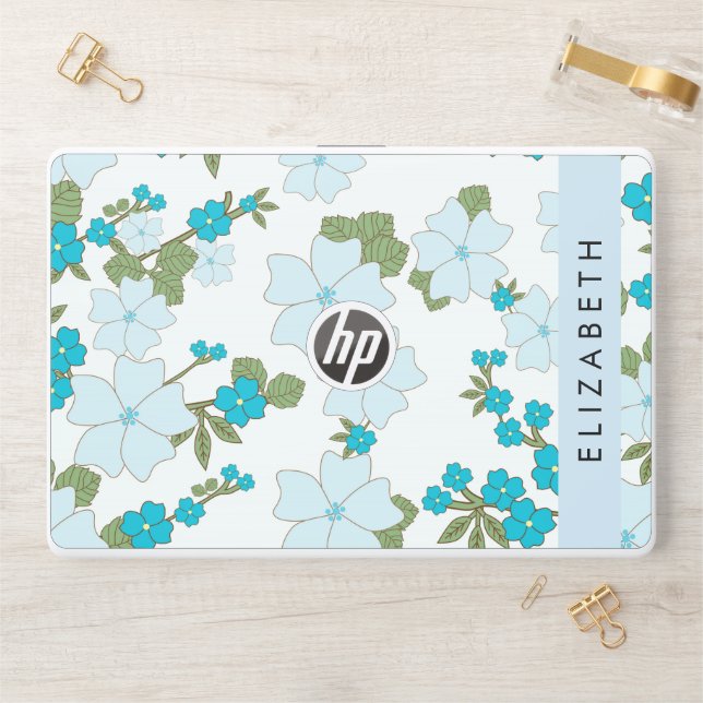 Blue Flowers, Pattern Of Flowers, Your Name HP Laptop Skin (Desk)