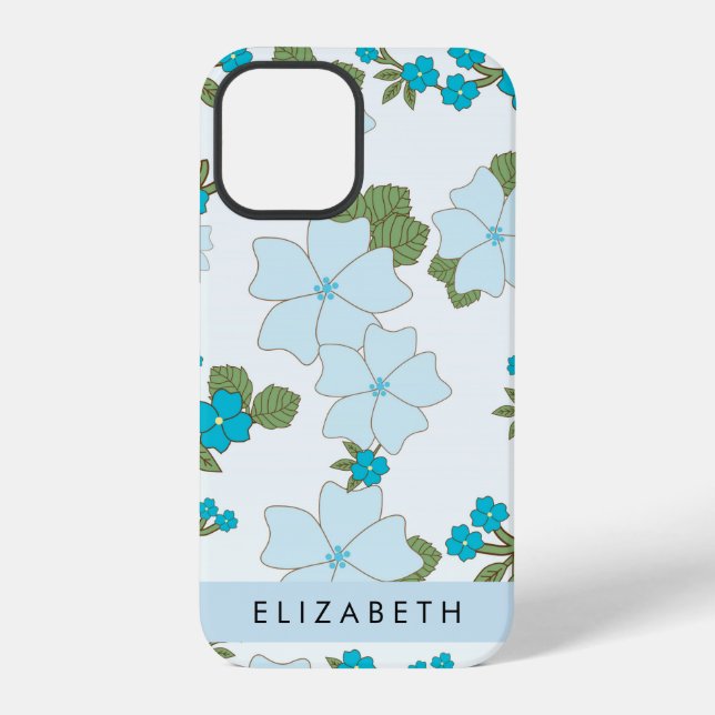 Blue Flowers, Pattern Of Flowers, Your Name Iphone Case (Back)