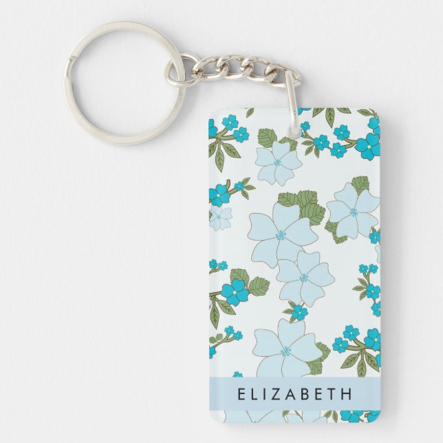 Blue Flowers, Pattern Of Flowers, Your Name Keychain (Front)