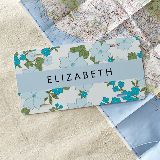 Blue Flowers, Pattern Of Flowers, Your Name License Plate (In Situ)