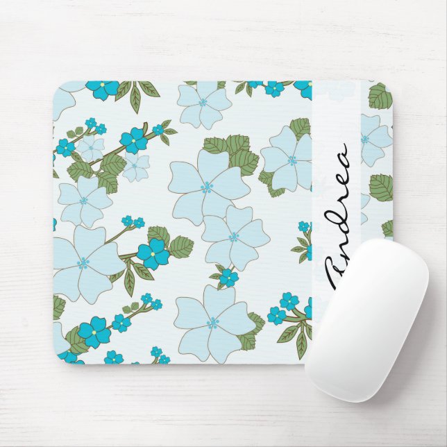 Blue Flowers, Pattern Of Flowers, Your Name Mouse Pad (With Mouse)