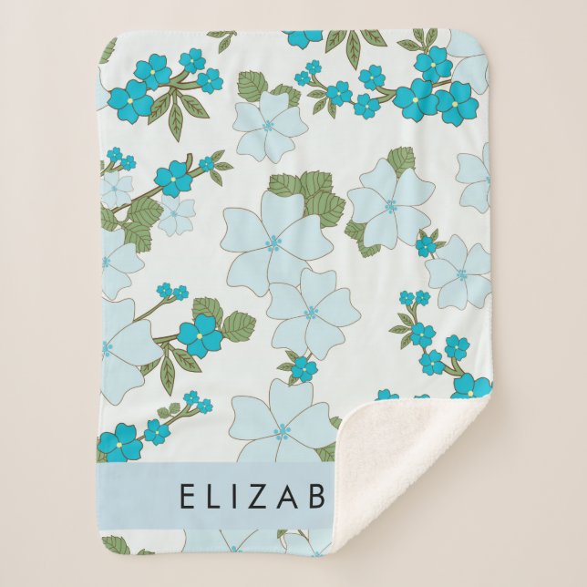 Blue Flowers, Pattern Of Flowers, Your Name Sherpa Blanket (Front)