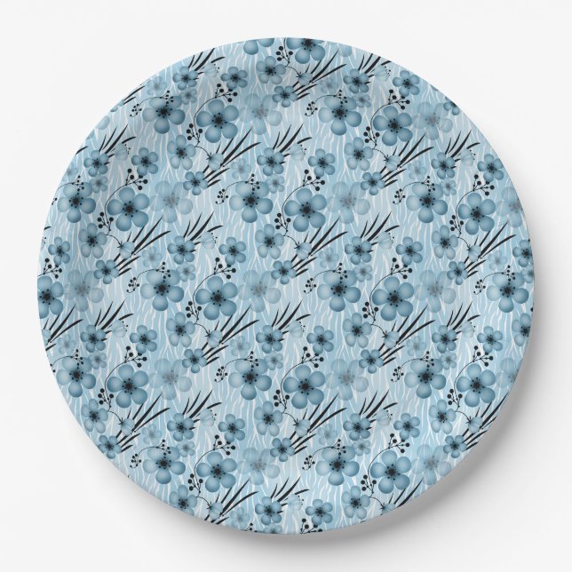 Blue flowers pattern on tiger background paper plates (Front)