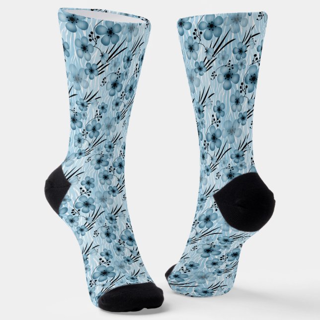 Blue flowers pattern on tiger background socks (Angled)