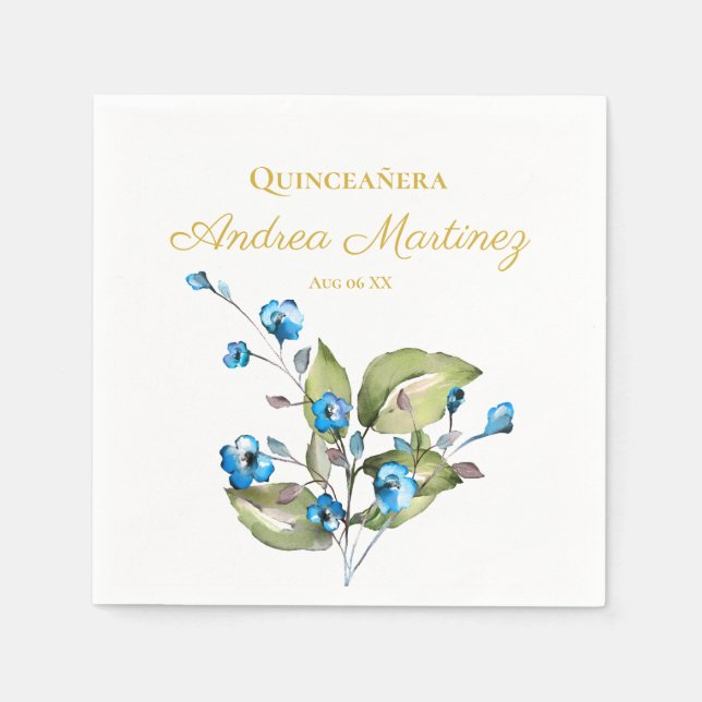Blue Flowers Personalized Quinceañera Napkins (Front)