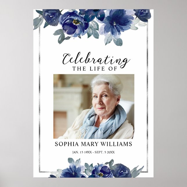 Blue Flowers & Photo Memorial Funeral  Poster (Front)