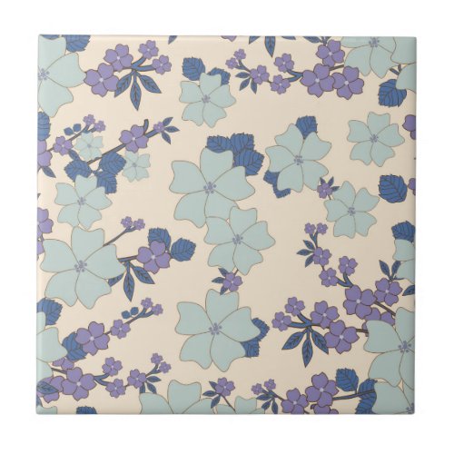 Blue Flowers Purple Flowers Floral Pattern Ceramic Tile