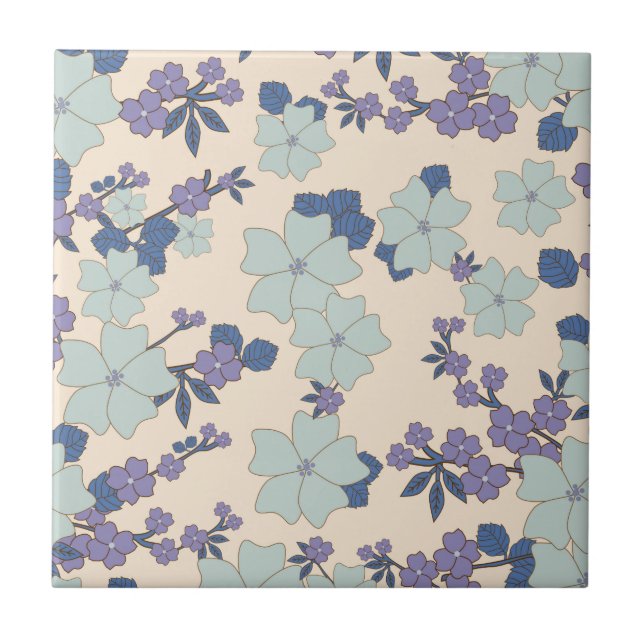 Blue Flowers, Purple Flowers, Floral Pattern Ceramic Tile (Front)