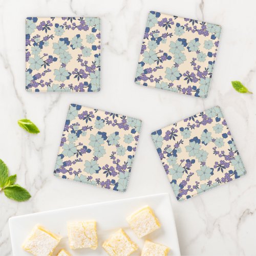 Blue Flowers Purple Flowers Floral Pattern Coaster Set