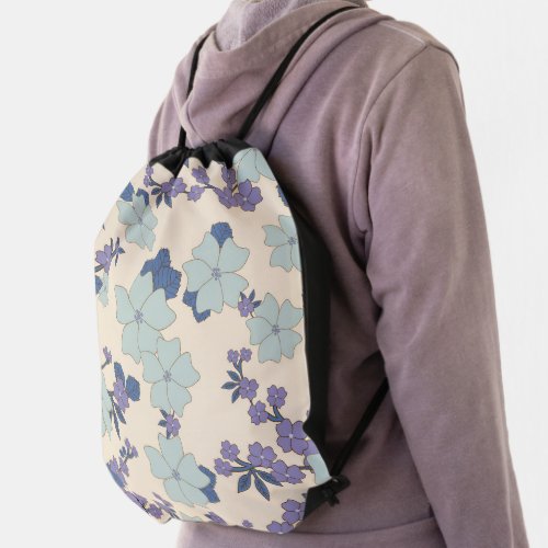 Blue Flowers Purple Flowers Floral Pattern Drawstring Bag