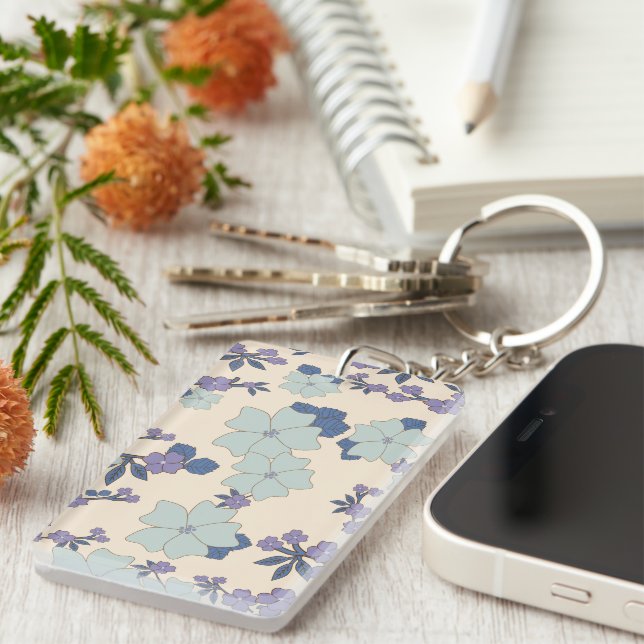 Blue Flowers, Purple Flowers, Floral Pattern Keychain (Front Right)