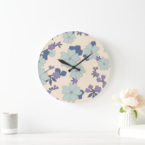 Blue Flowers Purple Flowers Floral Pattern Large Clock