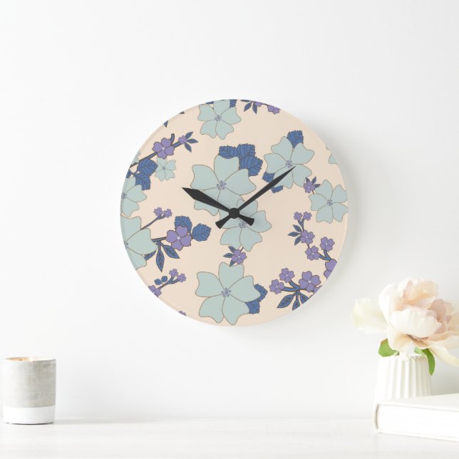 Blue Flowers, Purple Flowers, Floral Pattern Large Clock (Home)