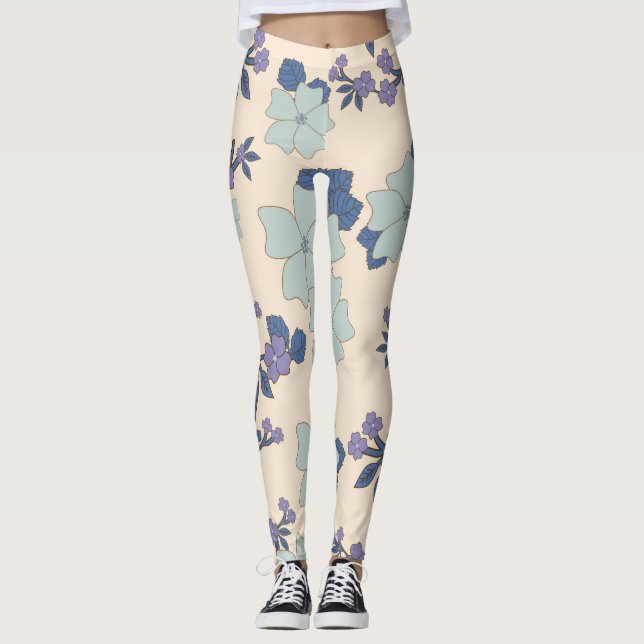 Blue Flowers, Purple Flowers, Floral Pattern Leggings (Front)