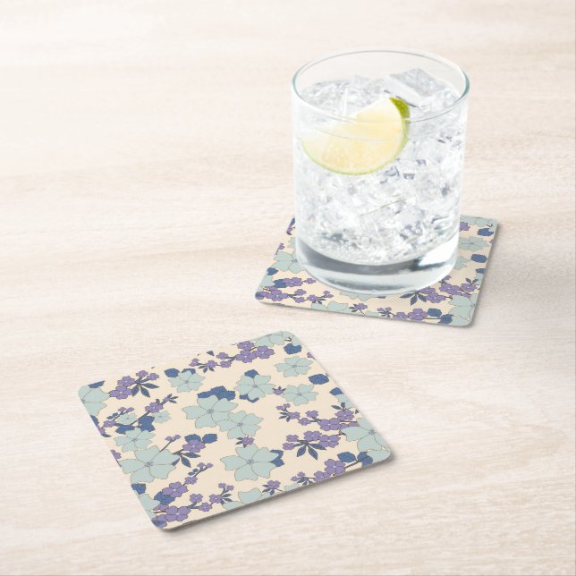 Blue Flowers, Purple Flowers, Floral Pattern Square Paper Coaster (Insitu)