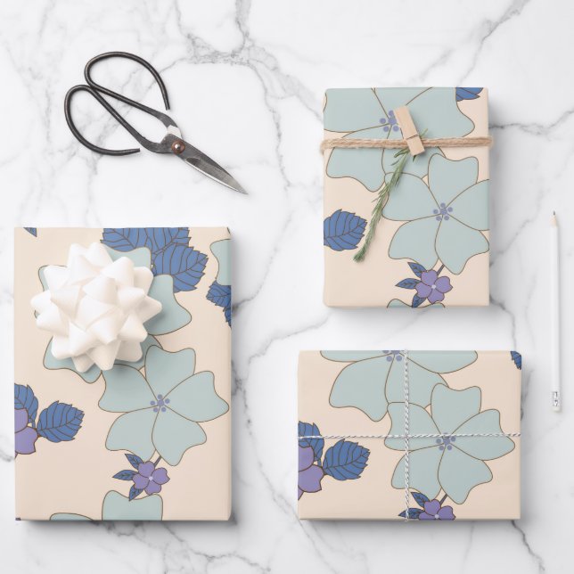 Blue Flowers, Purple Flowers, Floral Pattern Wrapping Paper Sheets (Front)