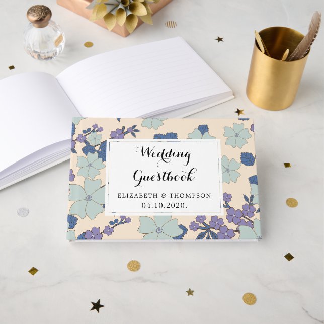 Blue Flowers, Purple Flowers, Floral Wedding Guest Book (Front Open)