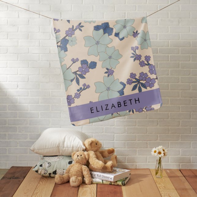 Blue Flowers, Purple Flowers, Floral, Your Name Baby Blanket (In Situ)