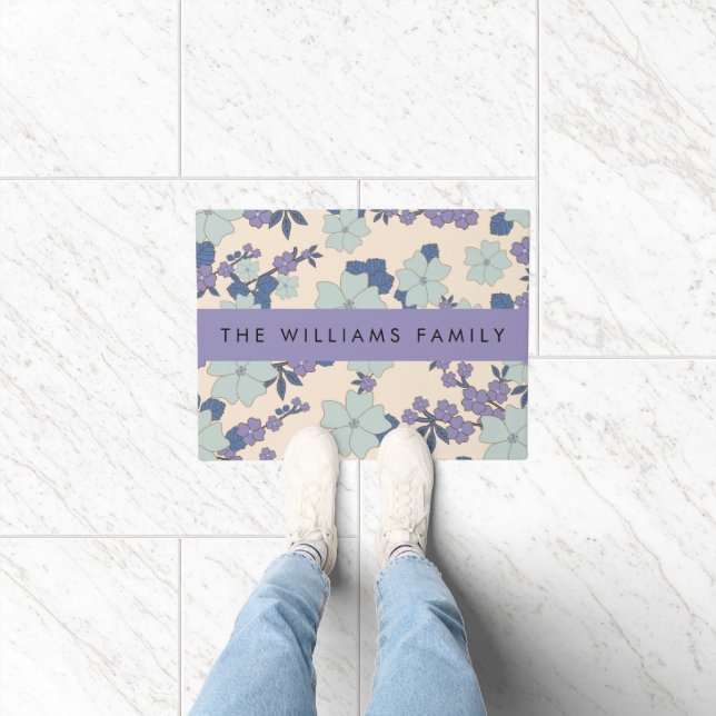 Blue Flowers, Purple Flowers, Floral, Your Name Doormat (Indoor)