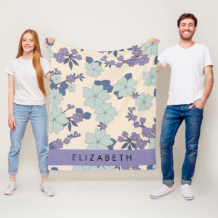 Blue Flowers, Purple Flowers, Floral, Your Name Fleece Blanket