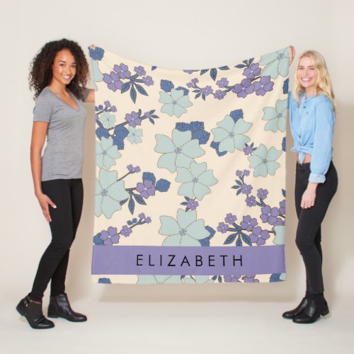 Blue Flowers Purple Flowers Floral Your Name Fleece Blanket