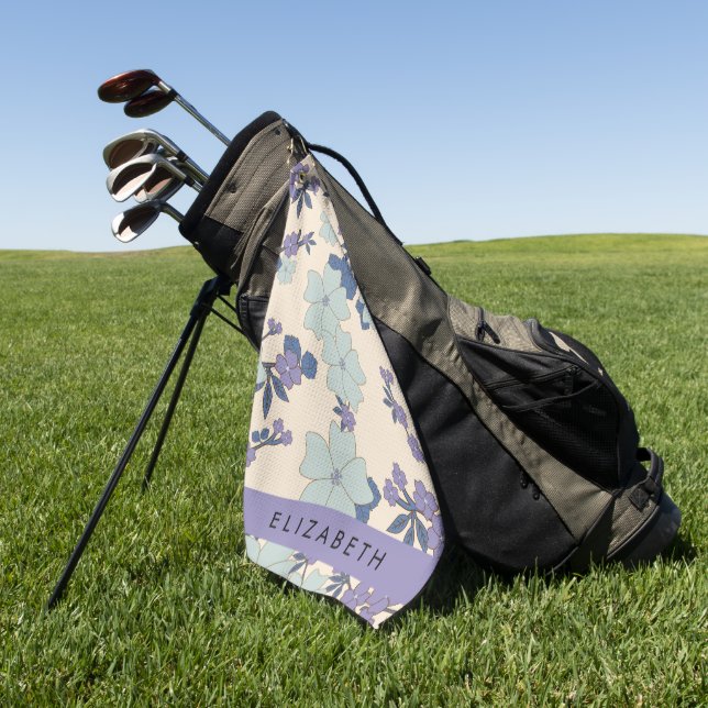 Blue Flowers, Purple Flowers, Floral, Your Name Golf Towel (Green)