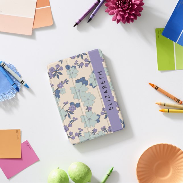 Blue Flowers, Purple Flowers, Floral, Your Name iPad Mini Cover (In Situ)