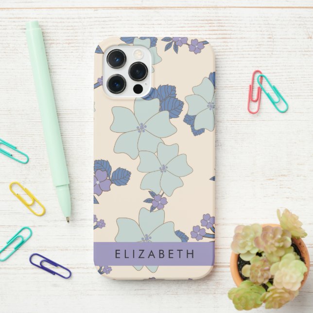 Blue Flowers, Purple Flowers, Floral, Your Name iPhone Case (On Desk)