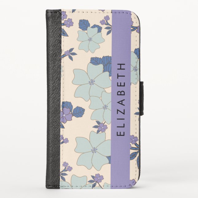 Blue Flowers, Purple Flowers, Floral, Your Name iPhone Wallet Case (Front)