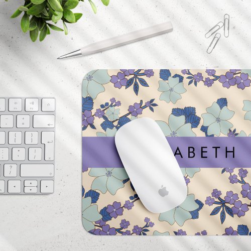 Blue Flowers Purple Flowers Floral Your Name Mouse Pad