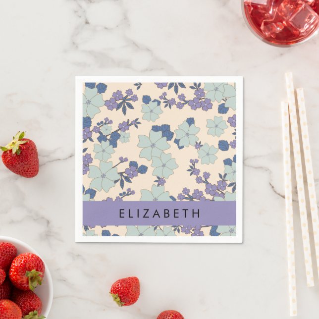 Blue Flowers, Purple Flowers, Floral, Your Name Napkins (Insitu)