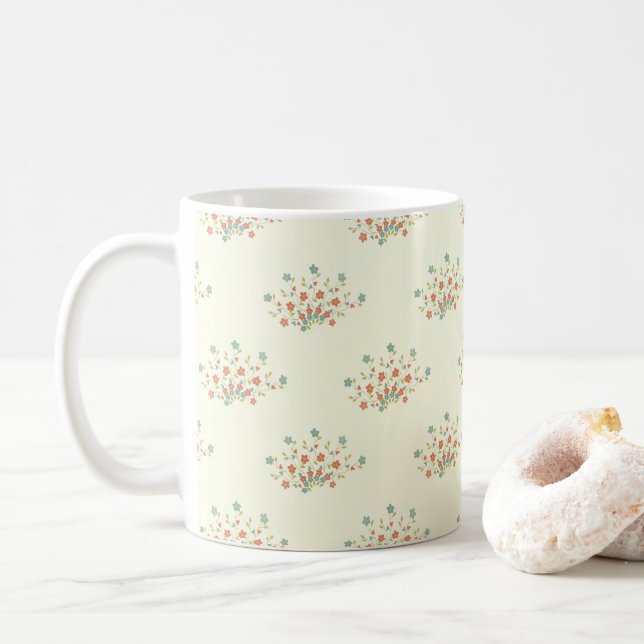 Blue Flowers, Red Flowers, Pattern Of Flowers Coffee Mug (With Donut)