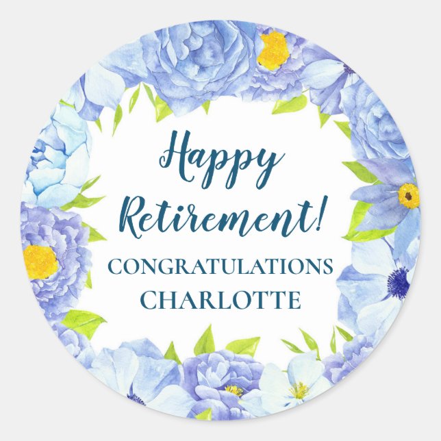 Blue Flowers Retirement Party Favor Tag (Front)