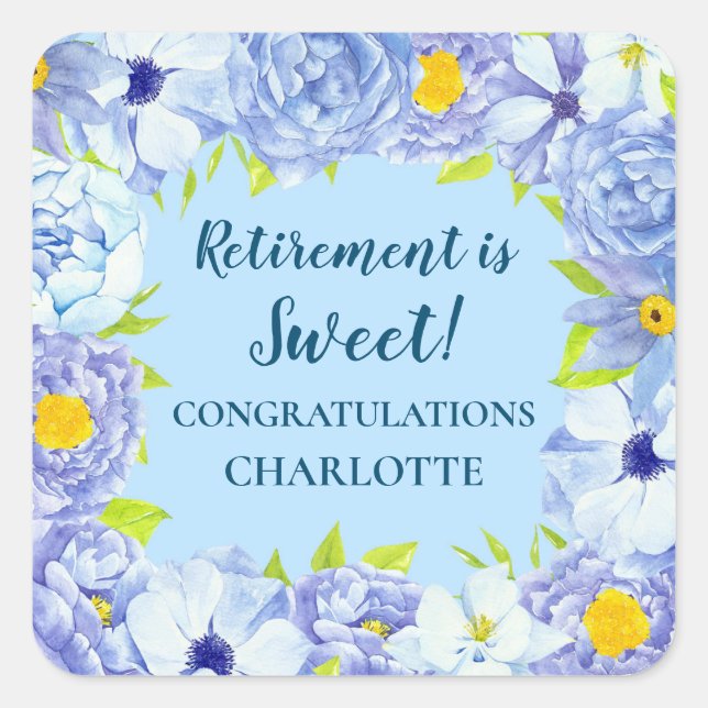 Blue Flowers Retirement Party Favor Tag (Front)