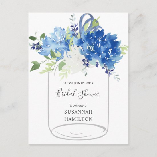Blue Flowers Ribbon Mason Jar Bridal Postcard