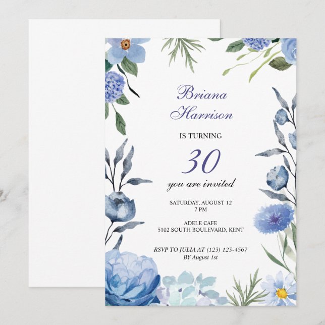 Blue flowers romantic sweet birthday invitation  (Front/Back)