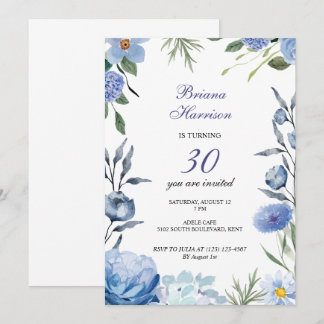 Blue flowers romantic sweet birthday invitation 