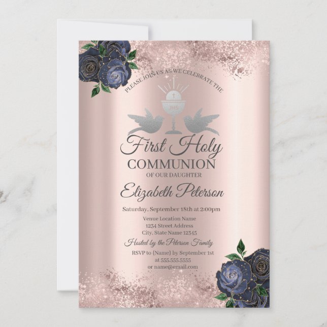 Blue Flowers Rose Gold First Holy Communion   Invitation (Front)