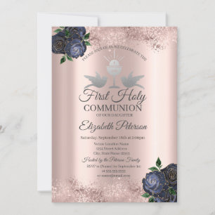Blue Flowers Rose Gold First Holy Communion Invitation