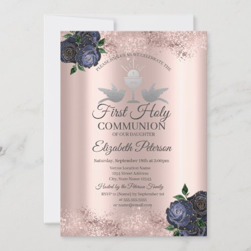Blue Flowers Rose Gold First Holy Communion   Invitation