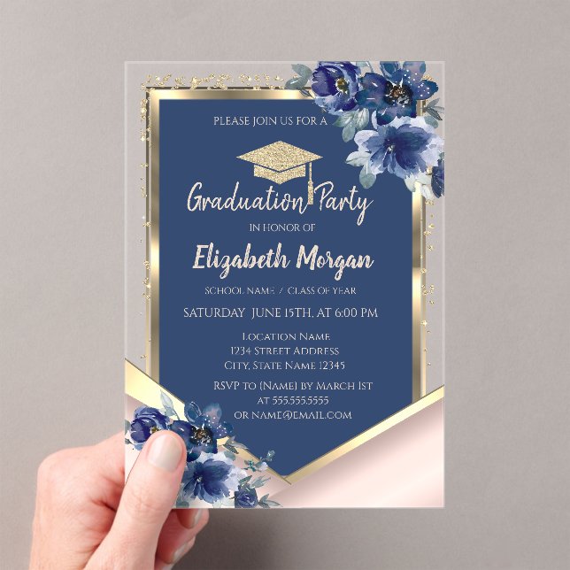 Blue Flowers Rose Gold Glitter Graduation Acrylic Invitations (Insitu (Handheld))